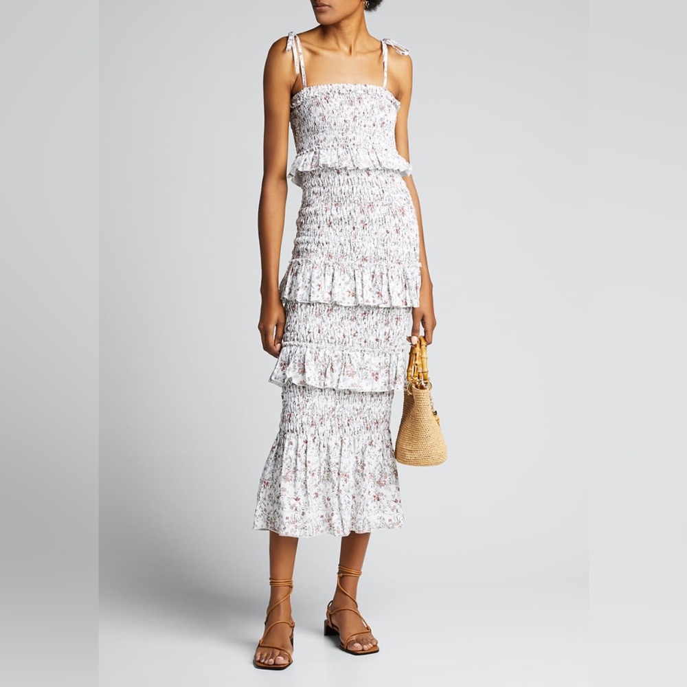 SIR The Label Haisley Ruched Tiered Floral Linen Midi Dress White Size Small